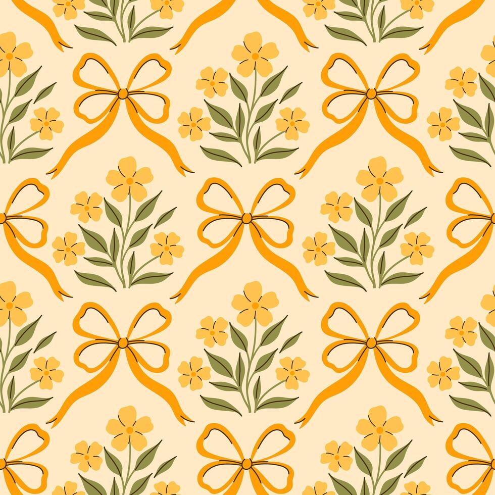 Seamless pattern with yellow flowers and yellow bows. graphics. vector
