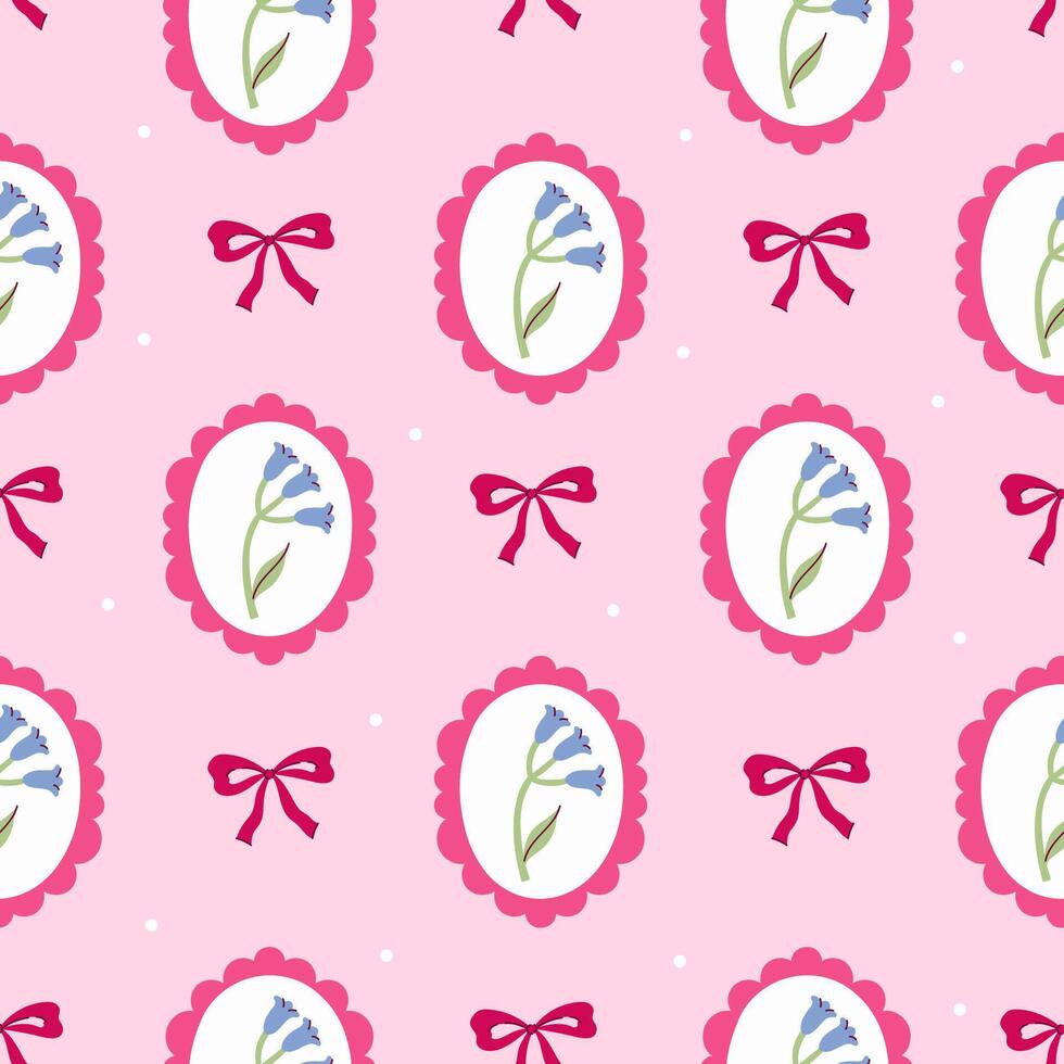 Seamless pattern of bell flowers in oval frames and bows. graphics. vector