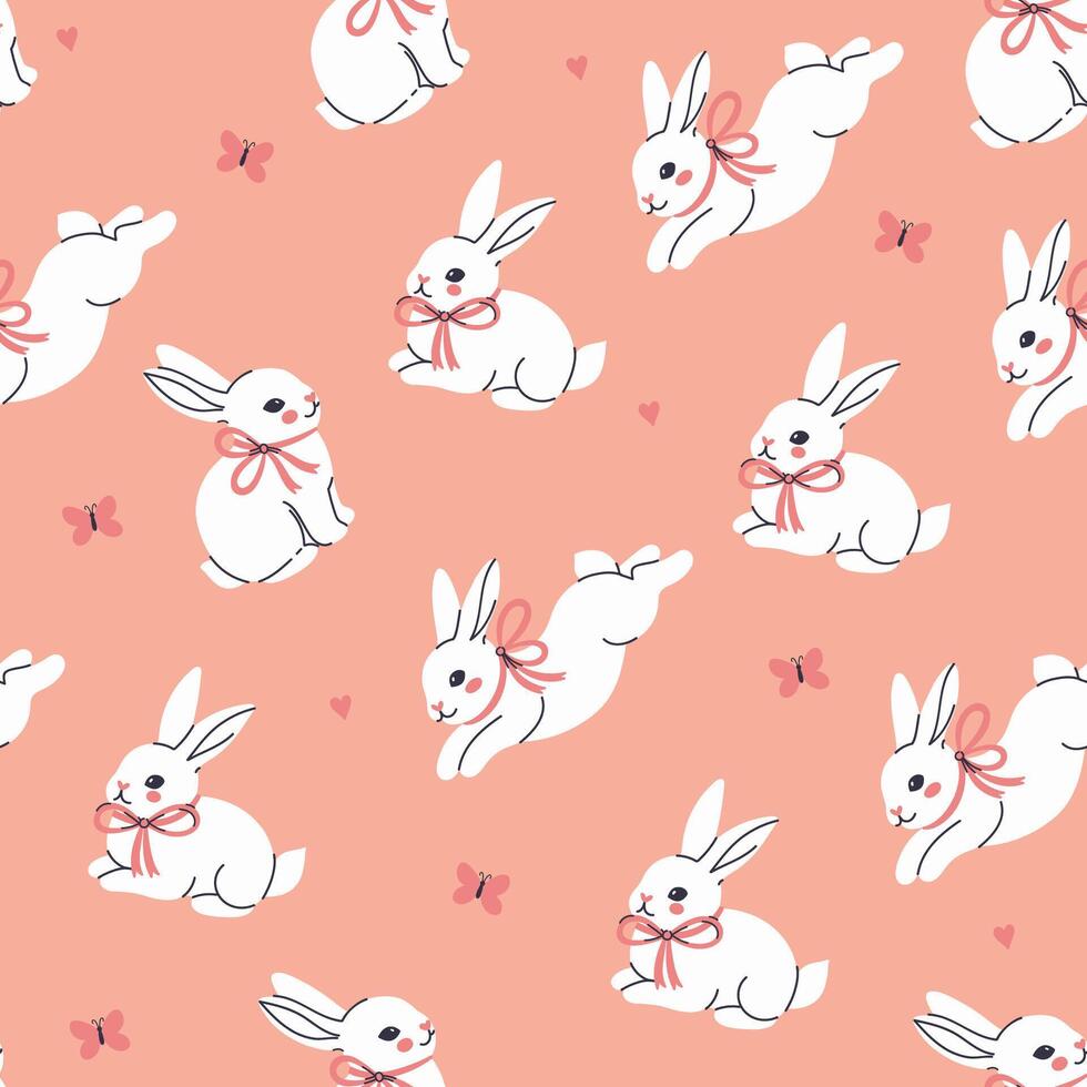 Seamless pattern with white rabbits with bows on their necks. graphics. vector