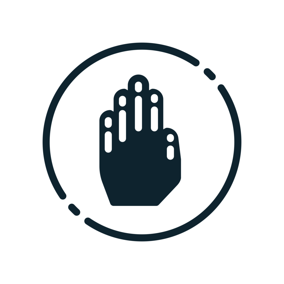 Design Illustration graphic of stop hand sign icon with glyph style. Suitable for UI, mobile design, web design, etc. Transparent background. png