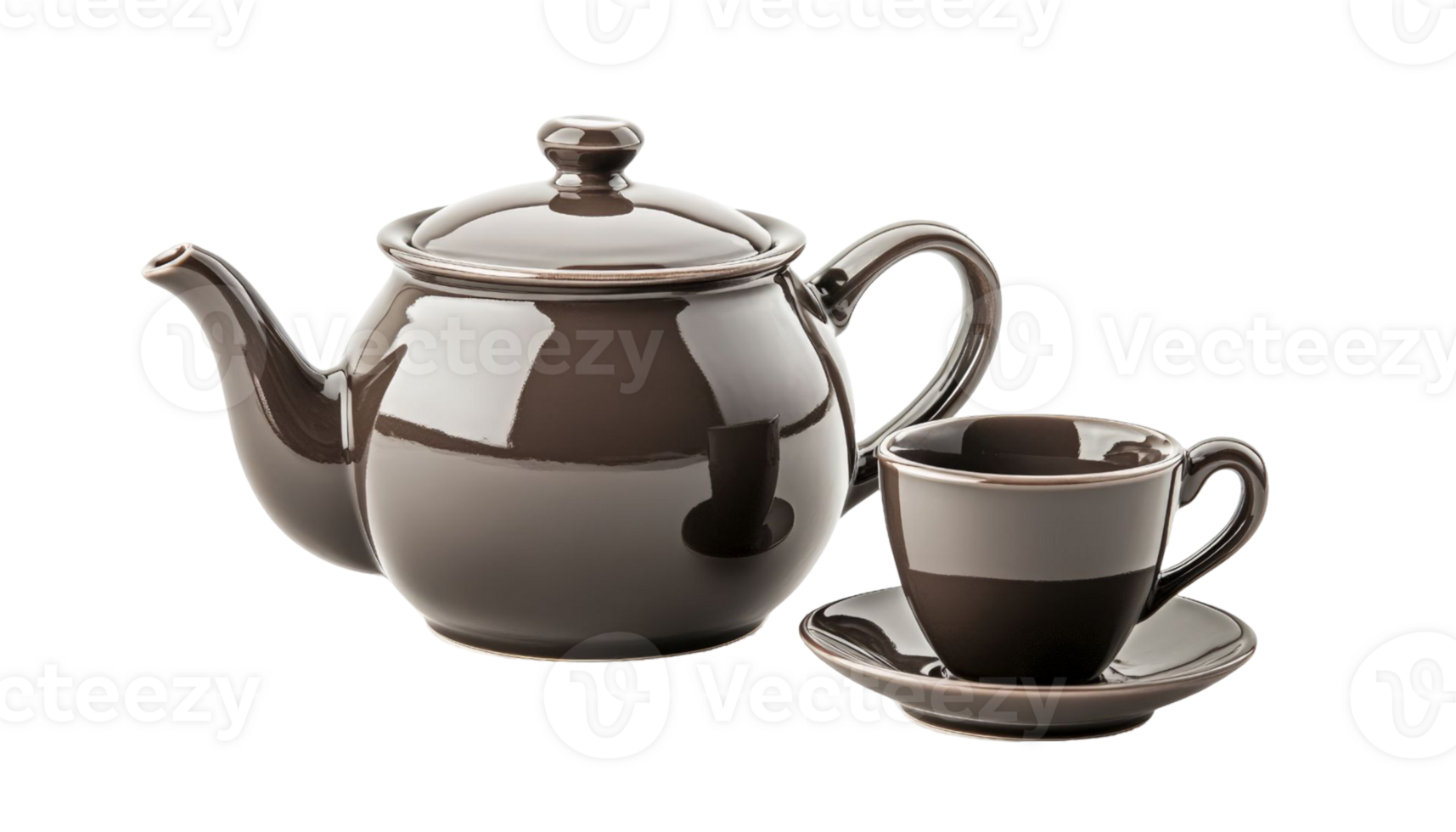 Brown ceramic teapot and teacup set on display png