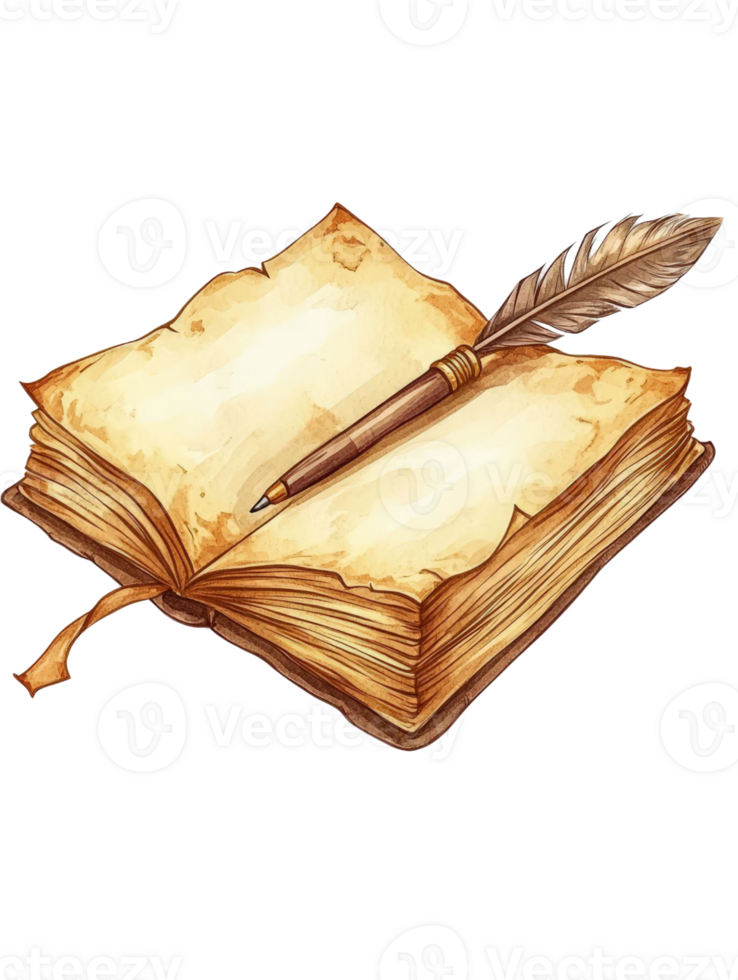 Antique Book with Quill Pen A Watercolor Illustration of Vintage Writing png