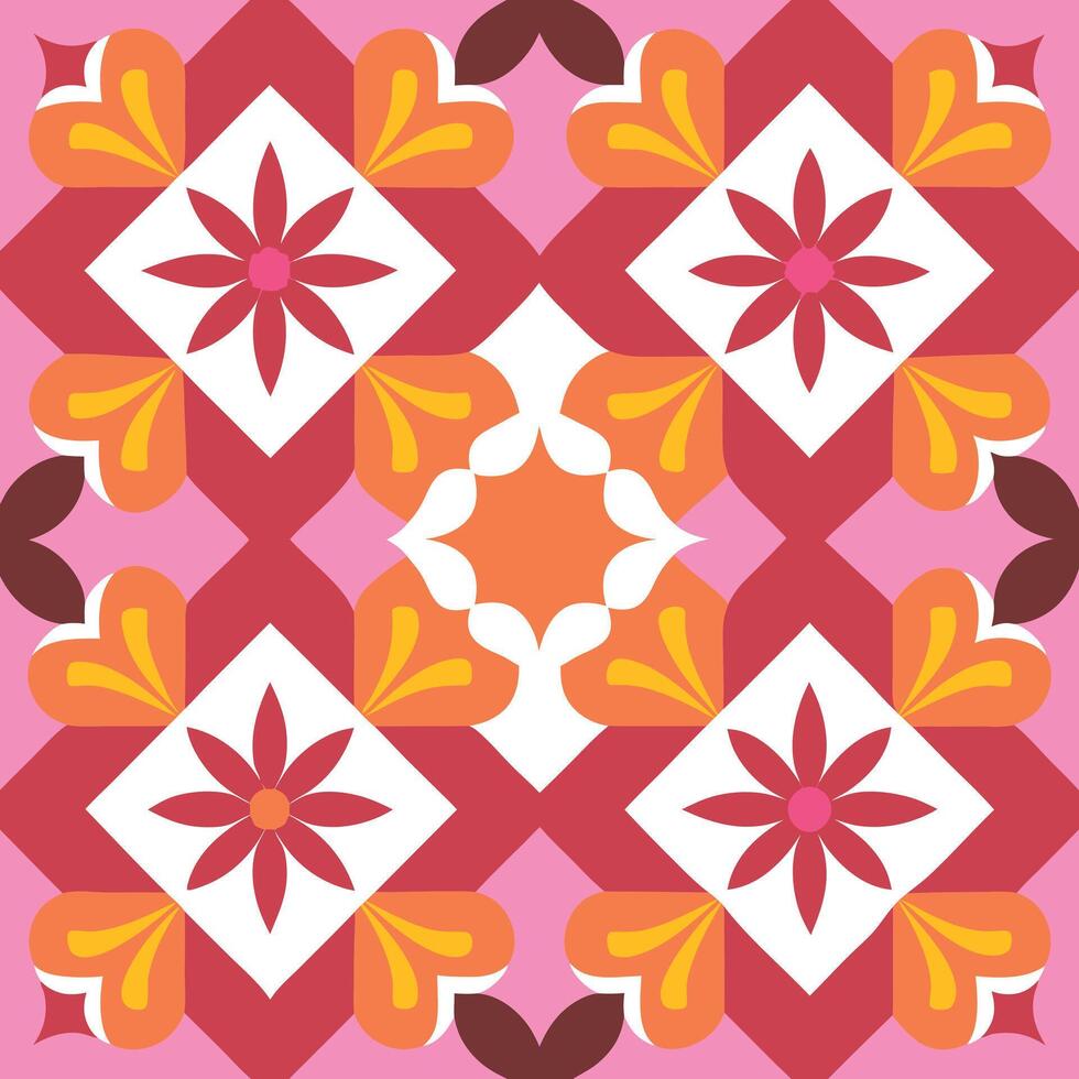 a pink and orange tile pattern with flowers vector