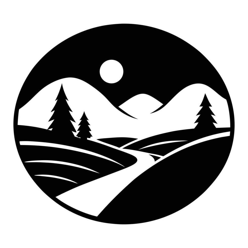 a black and white logo of a mountain and a road vector