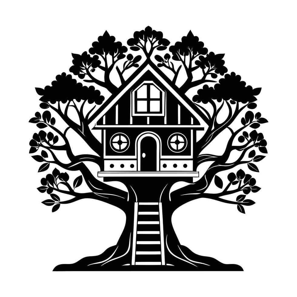 tree house with ladder and stairs on a tree vector