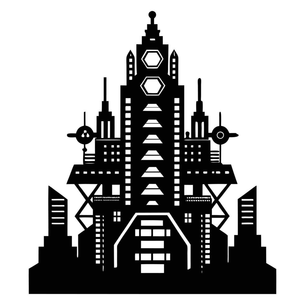 a black and white illustration of a futuristic city vector