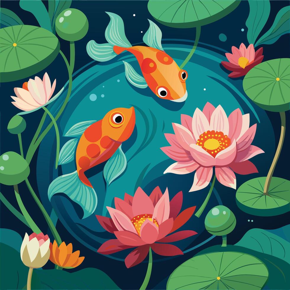 illustration of koi fish and lotus flowers vector