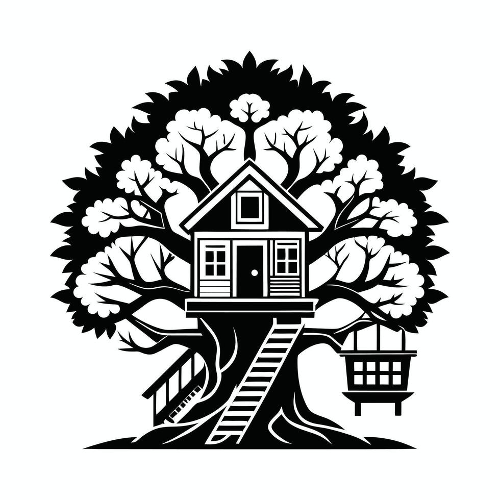tree house with swing and ladder on the tree vector