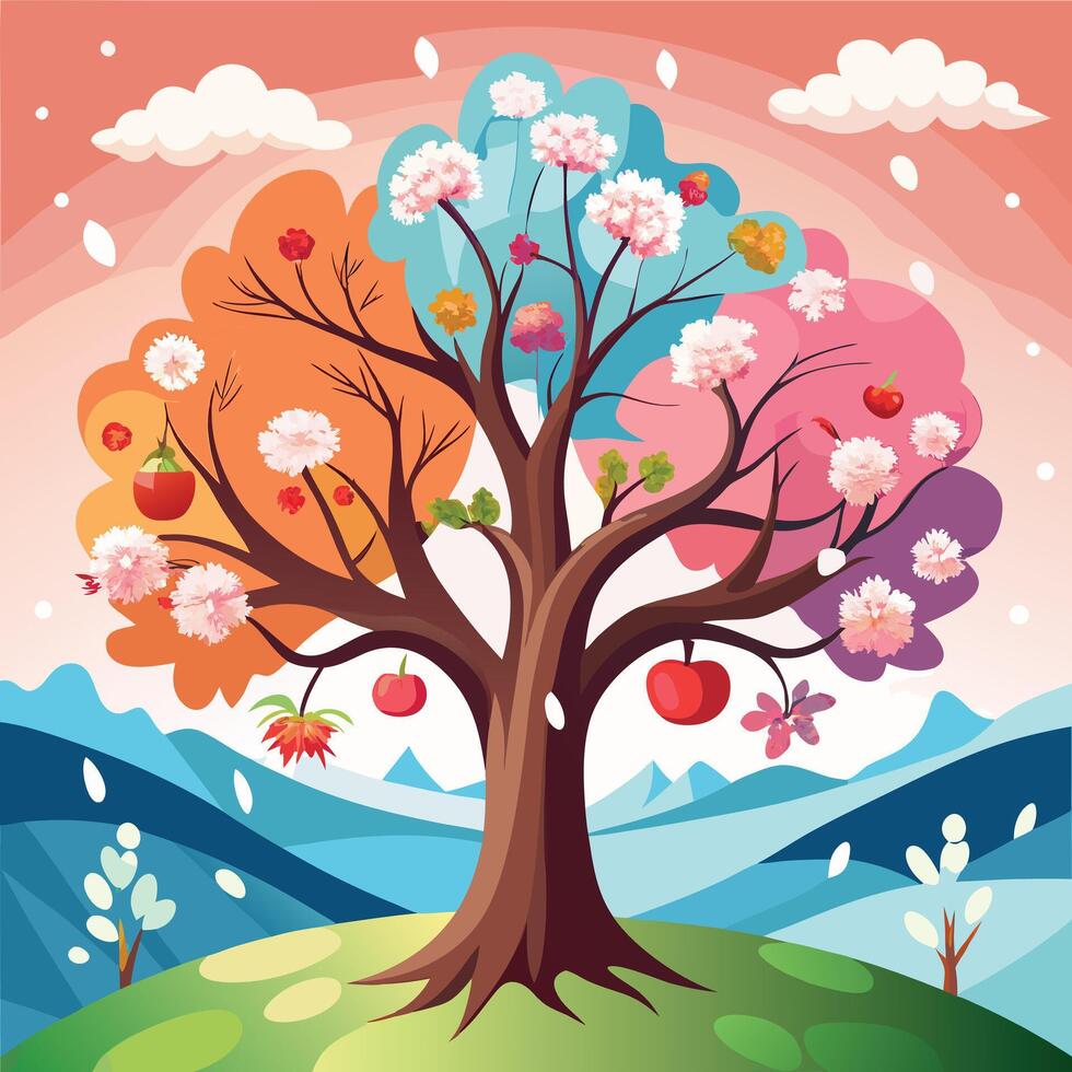 illustration of a tree with apples and flowers vector