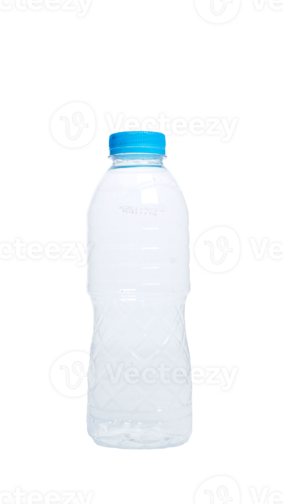 Empty small plastic bottle with blue bottle cap isolated on transparent background png