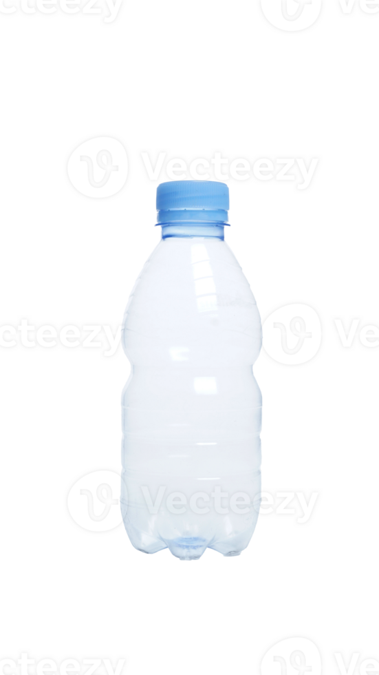 Empty small plastic bottle with light blue bottle cap isolated on transparent background png
