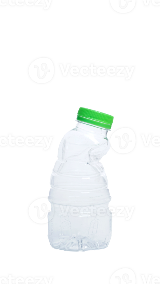 Crumpled used plastic water bottle with green bottle cap isolated on transparent background png