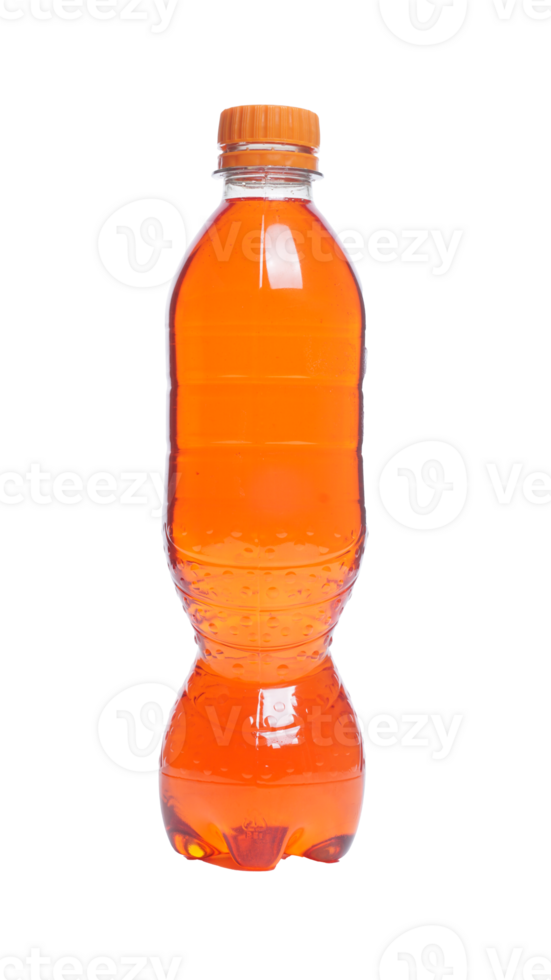 Orange colored water in plastic bottle with orange bottle cap isolated on transparent background png