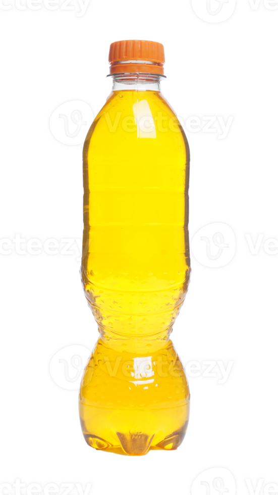 Yellow colored water in plastic bottle with orange bottle cap isolated on transparent background png