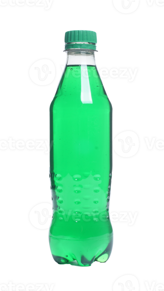 Green colored water in plastic bottle with green bottle cap isolated on transparent background png