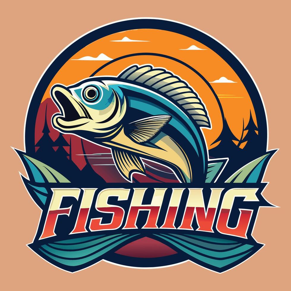 fishing logo design with a fish on a background vector