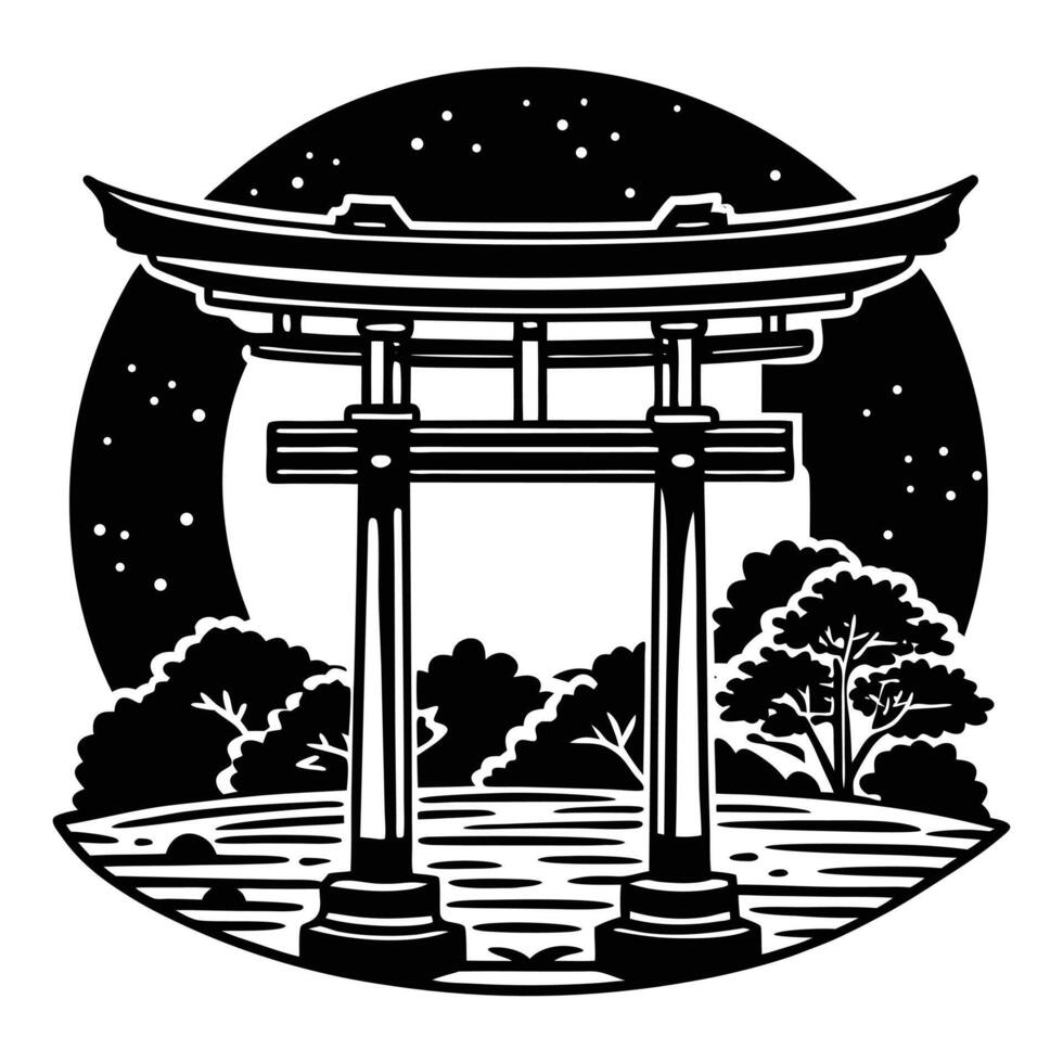 japanese tori gate in the night with moon and trees vector