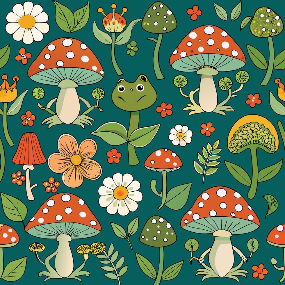 mushrooms and flowers in a pattern vector