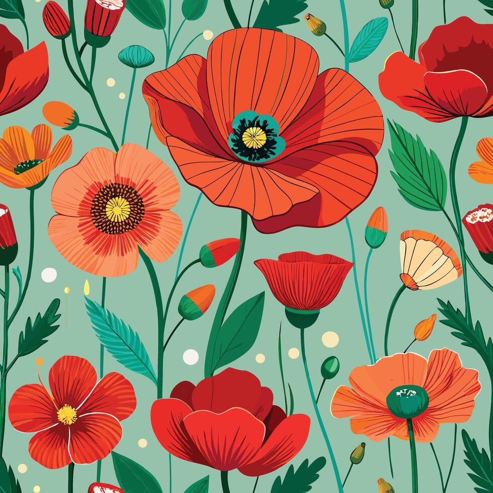 seamless pattern with red poppies and green leaves vector