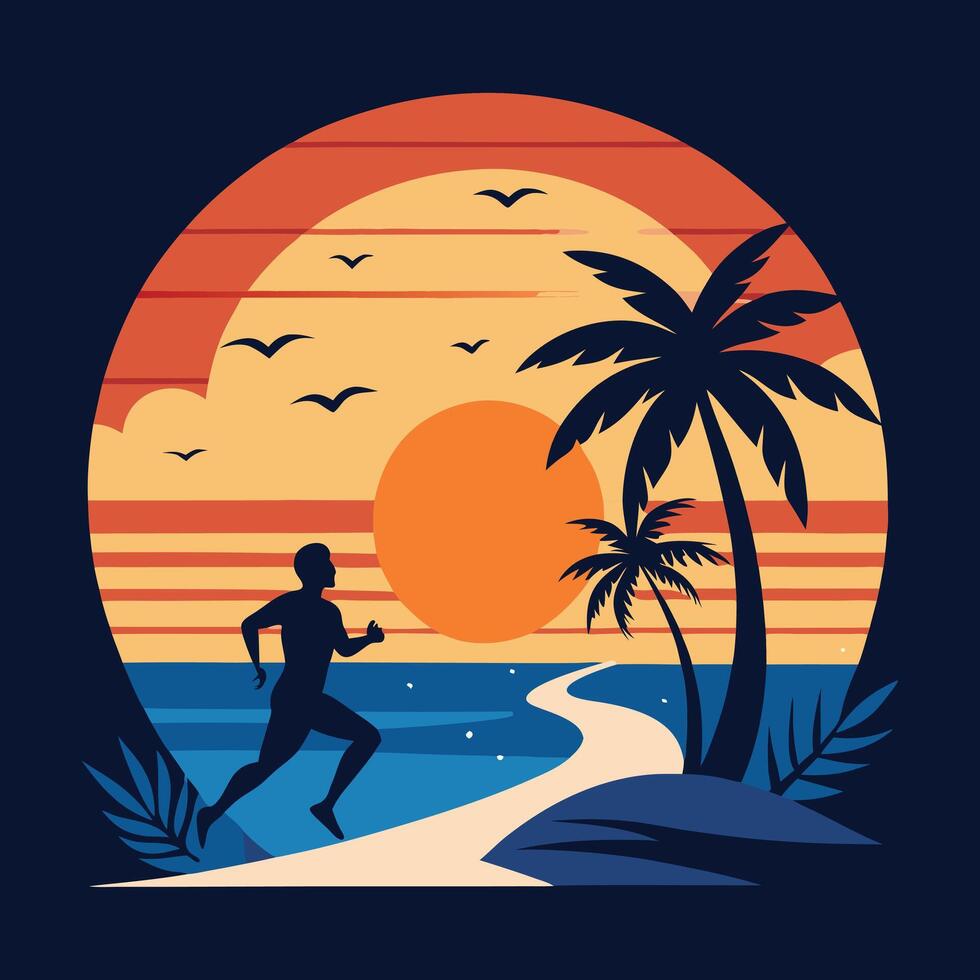 a man running on the beach at sunset vector