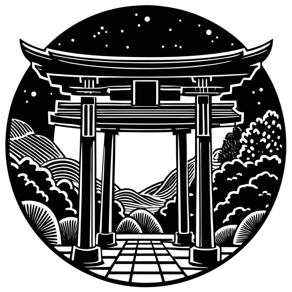 japanese tori gate in the night with mountains and stars vector