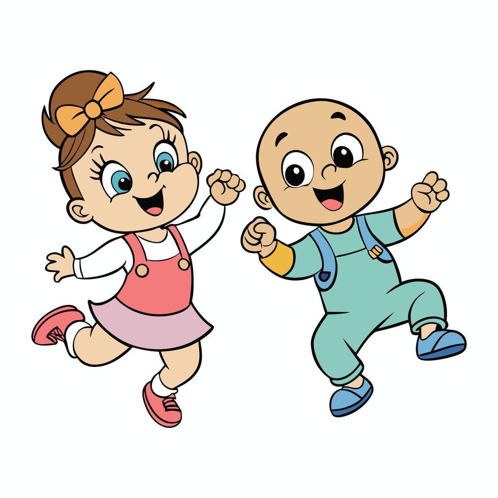 cartoon baby and baby girl jumping together vector