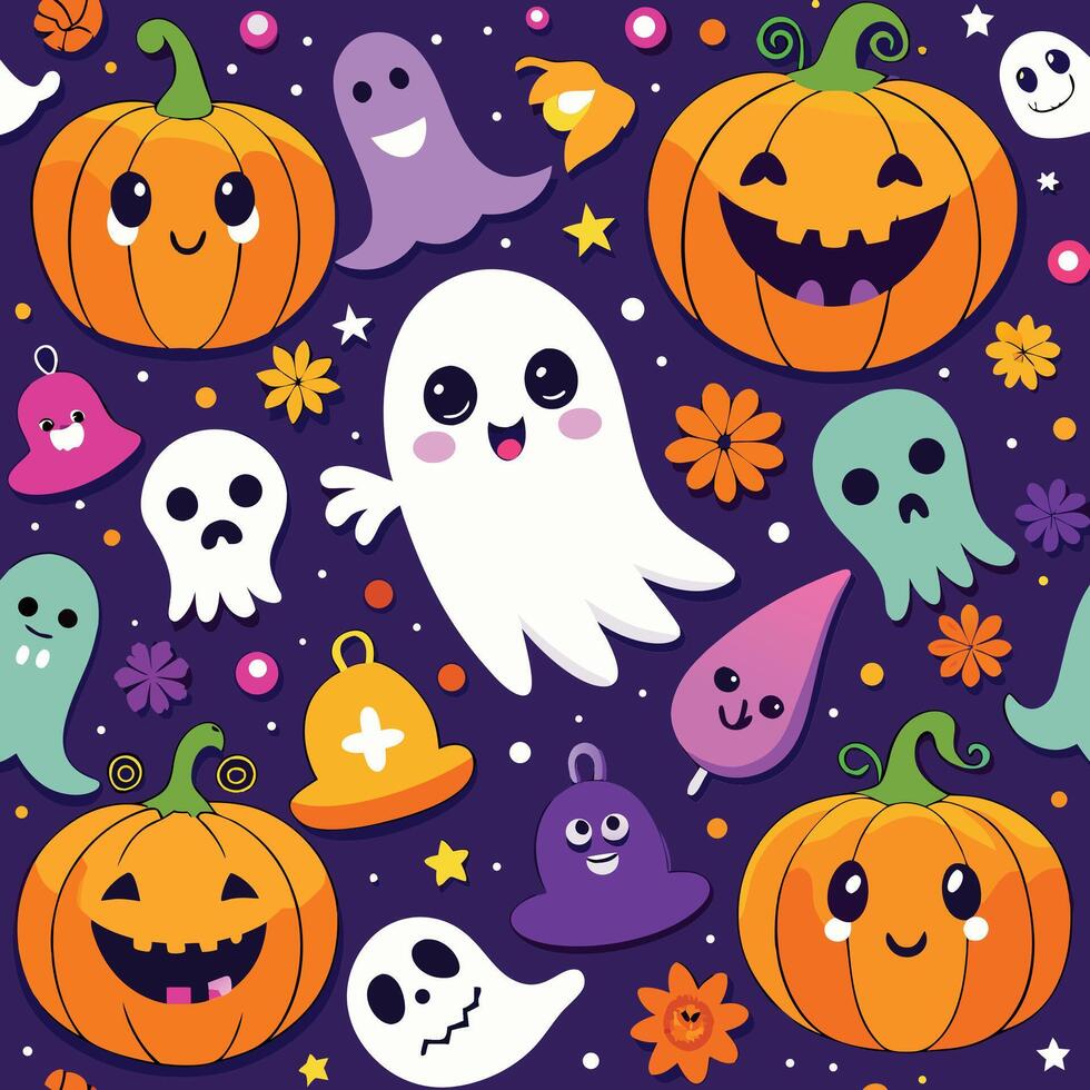 Halloween seamless pattern with ghost, pumpkin and other. vector