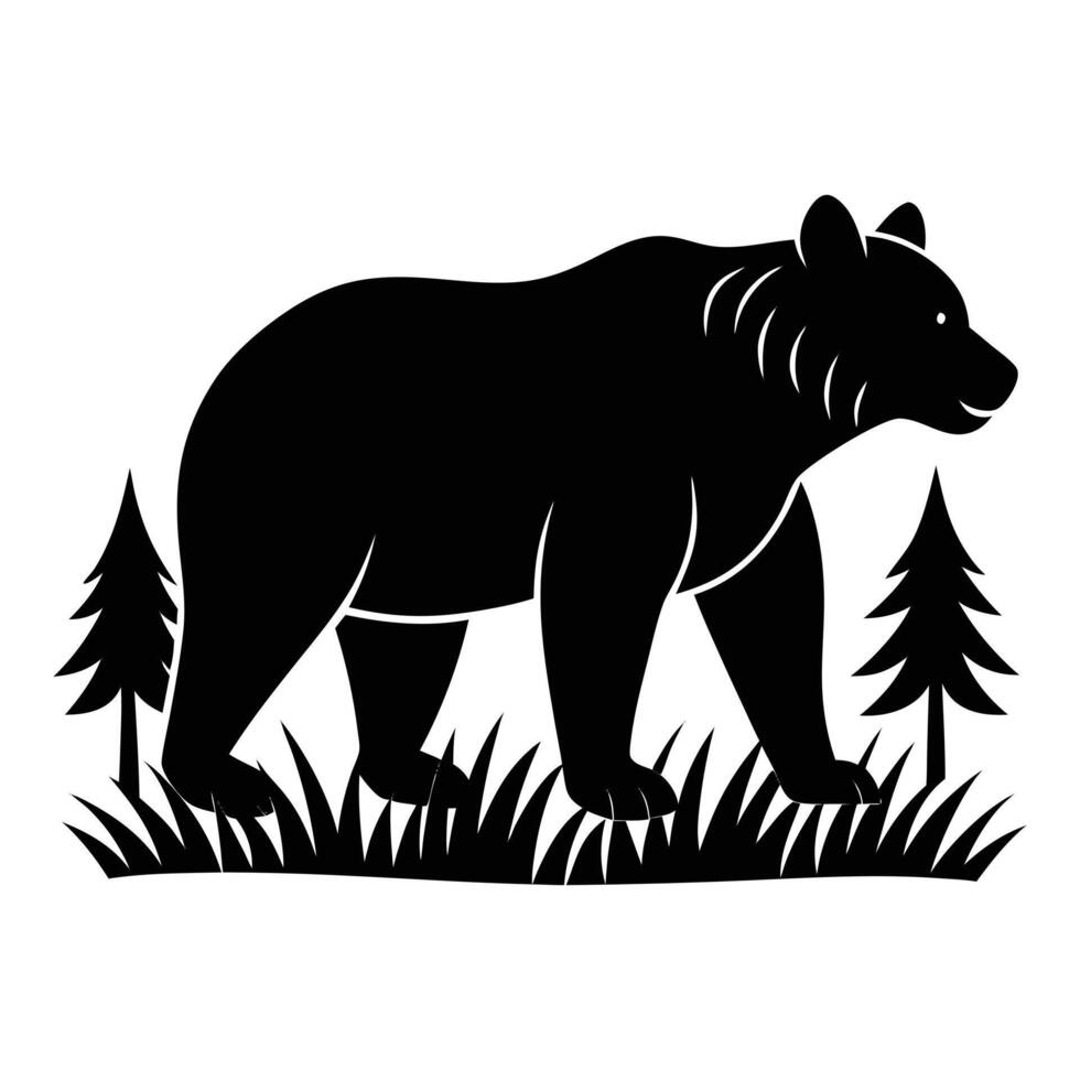 a black bear silhouette in the grass with trees vector