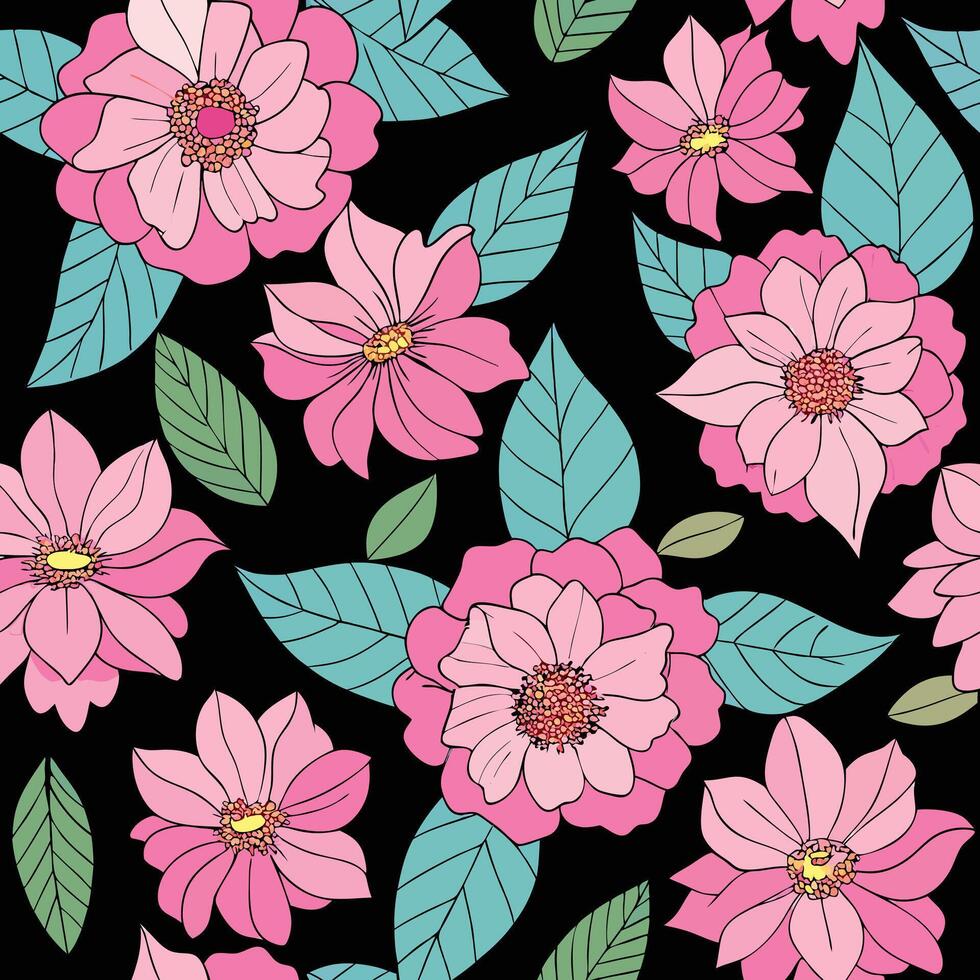 seamless pattern with pink flowers and leaves on black background vector