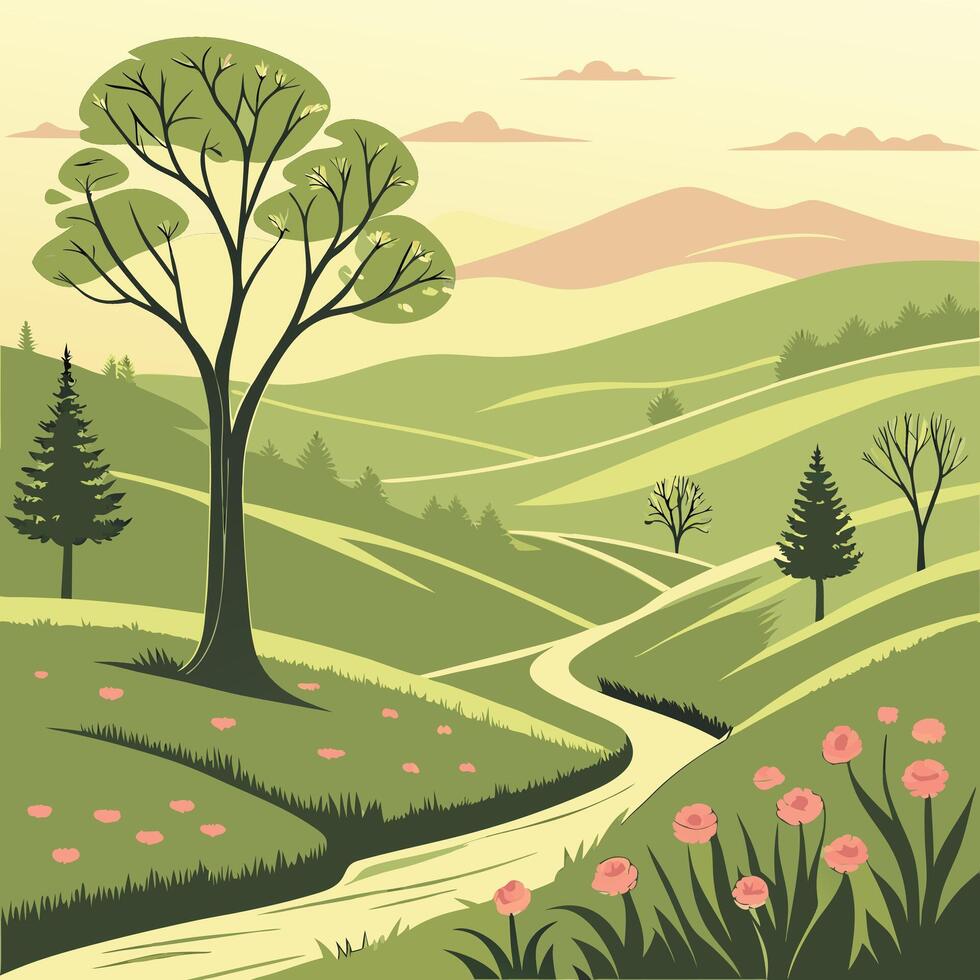 illustration of a landscape with a river and trees vector