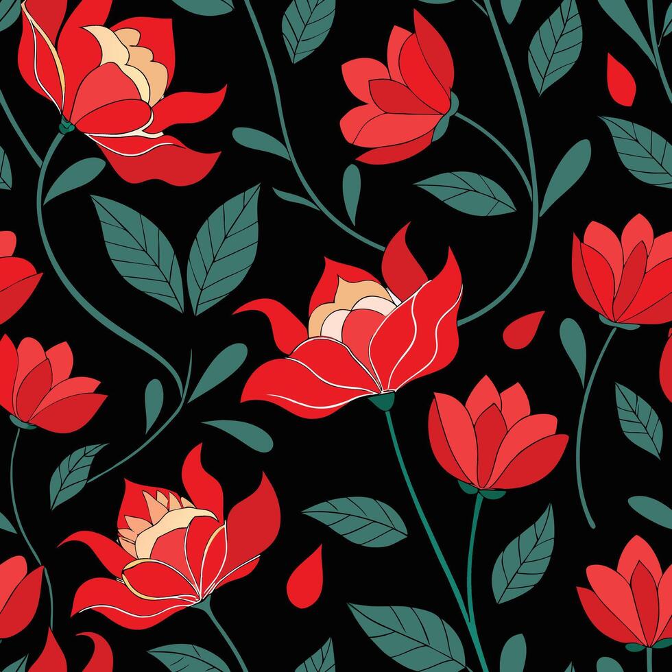 a pattern with red flowers and leaves on a black background vector