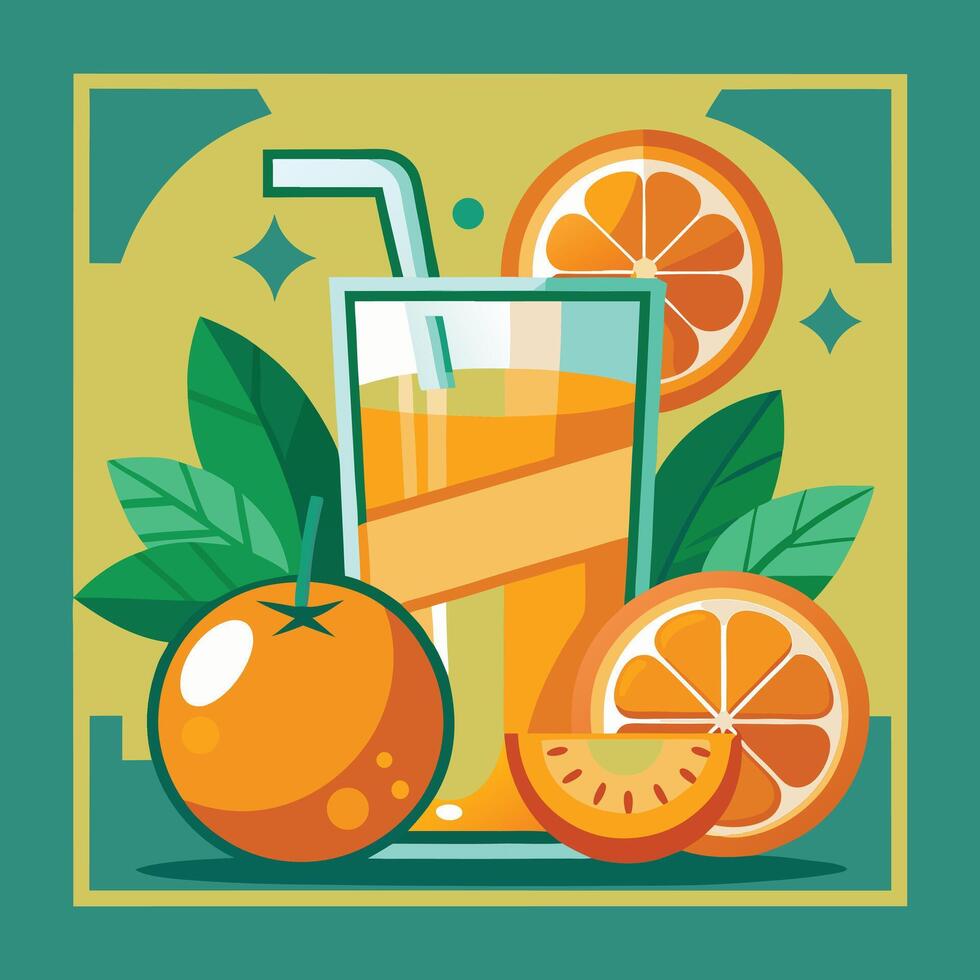 orange juice with a straw and slices of oranges vector