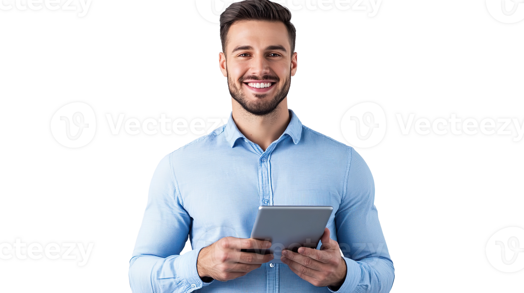 Smiling Young Man Holding Tablet Isolated at Transparent Background png