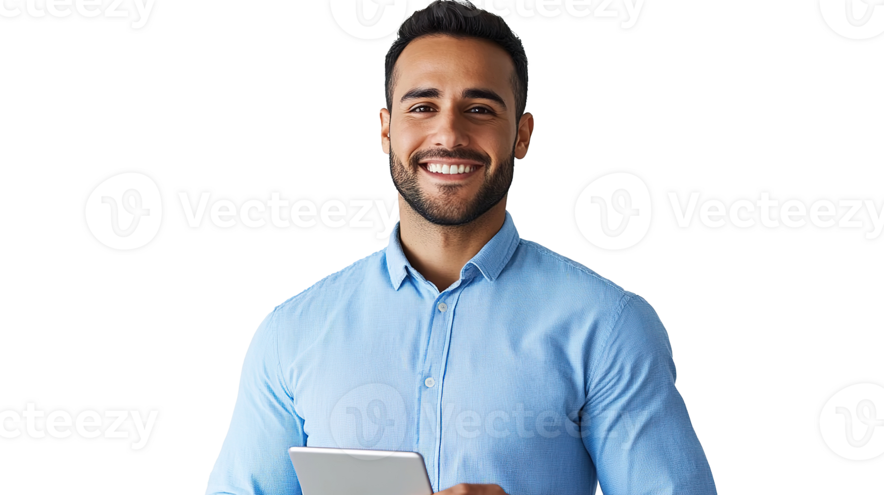 Young Handsome Man Holding Tablet Smiling Cicely Isolated at the Transparent Background png