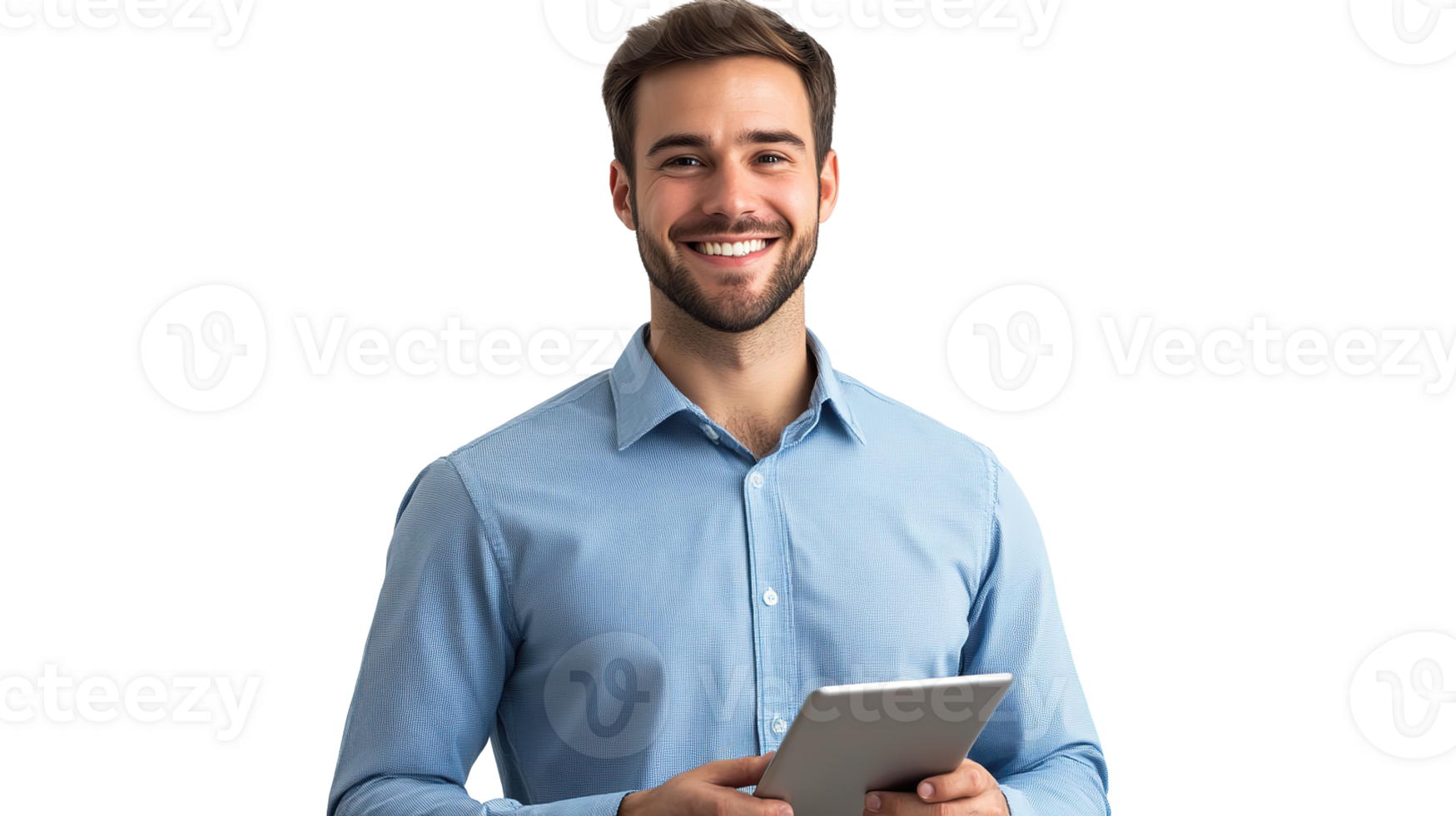 Smiling Young Man Holding Tablet Isolated on the Transparent Background png