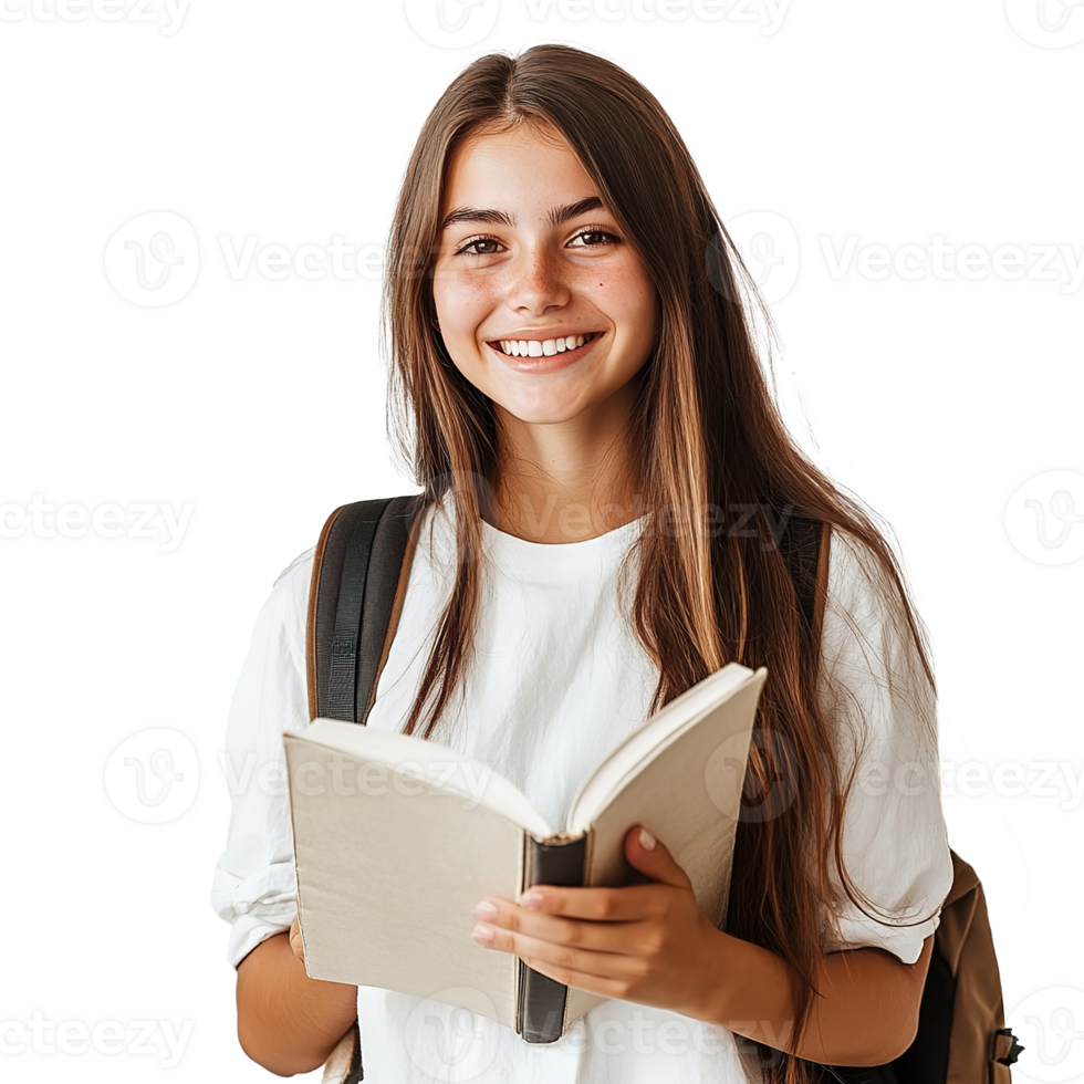Young Beautiful College Student with Backpack and Holding Book Isolated on the Transparent Background png