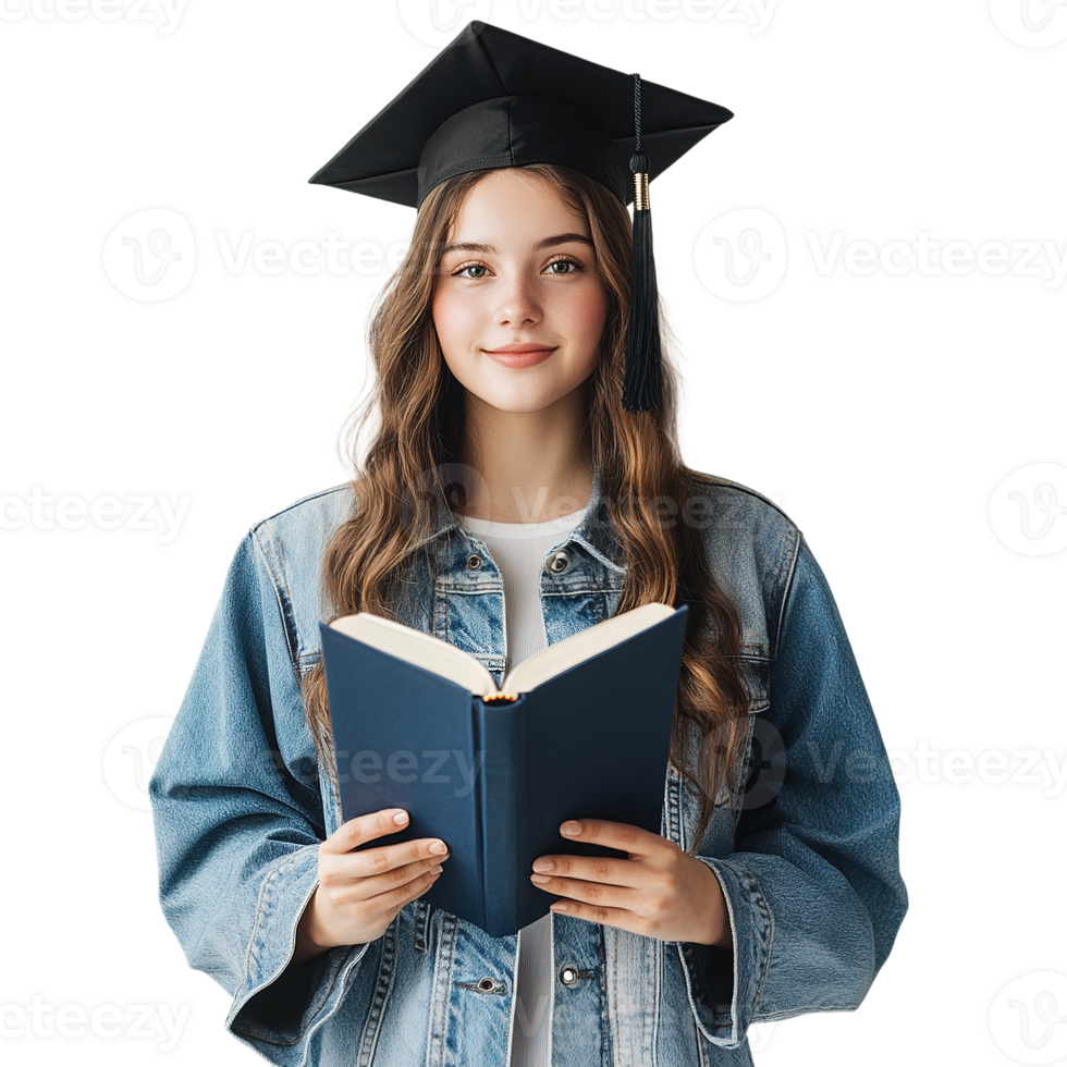 Smiling Young Female College Student with Square Academic Cap and Book on the Transparent Background png