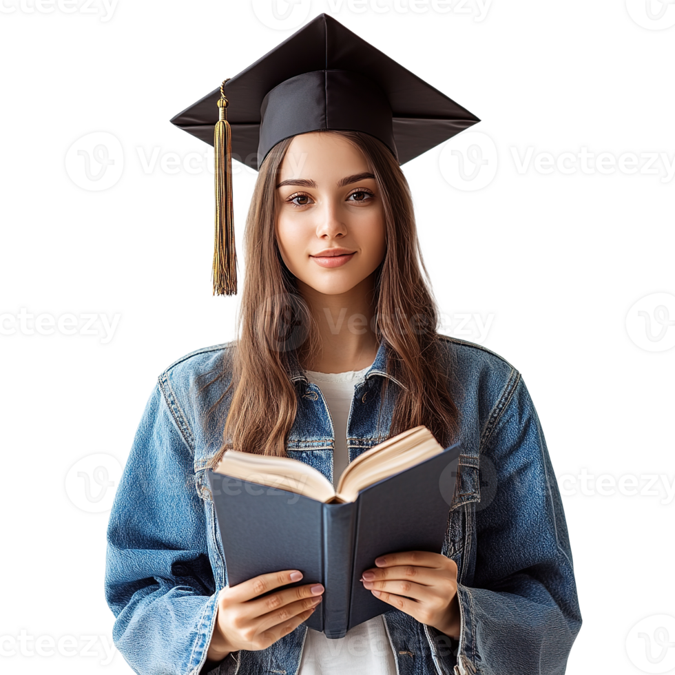 Smiling Young Female College Student Wearing Square Academic Cap Mortarboard and Holding Book isolated at Transparent Background png