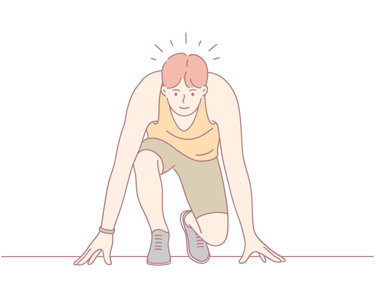 Athletic Man Intently Preparing Himself for a Sprint at the Track, Focused on His Performance vector