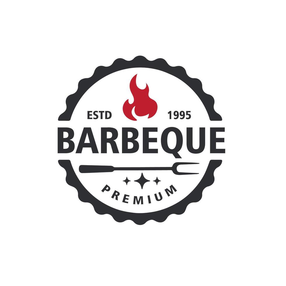 vintage grill barbeque barbecue bbq with fork fire flamogo design templatee badge illustration vector