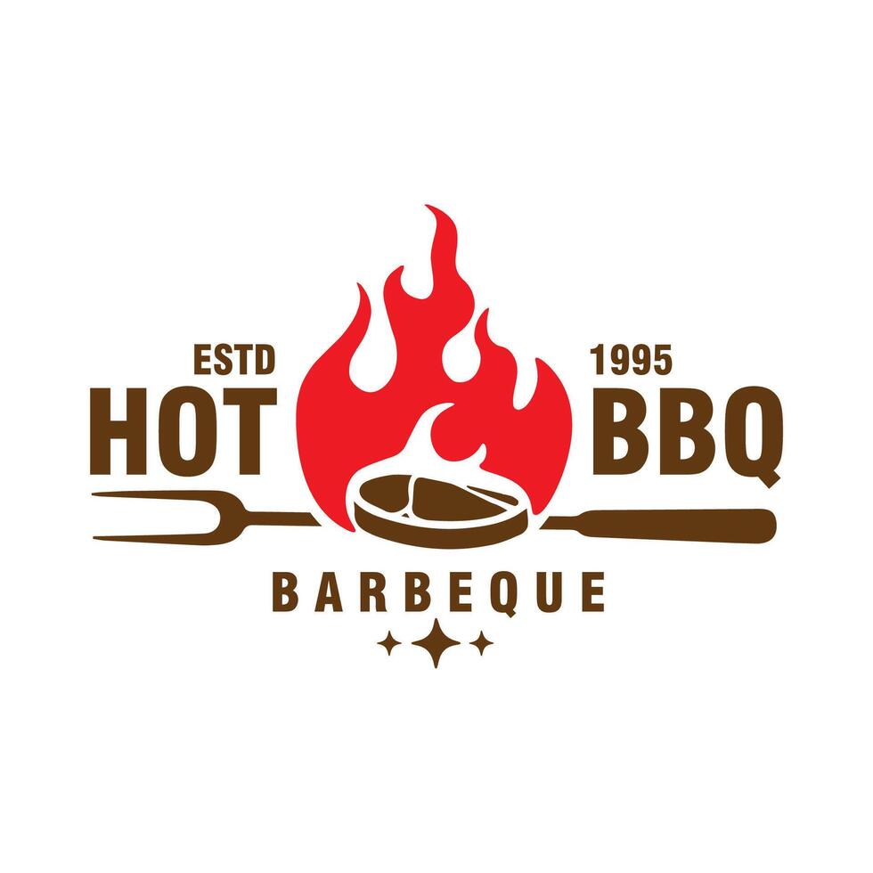 vintage grill barbeque barbecue bbq with fork fire flame badge logo design graphic template illustration vector