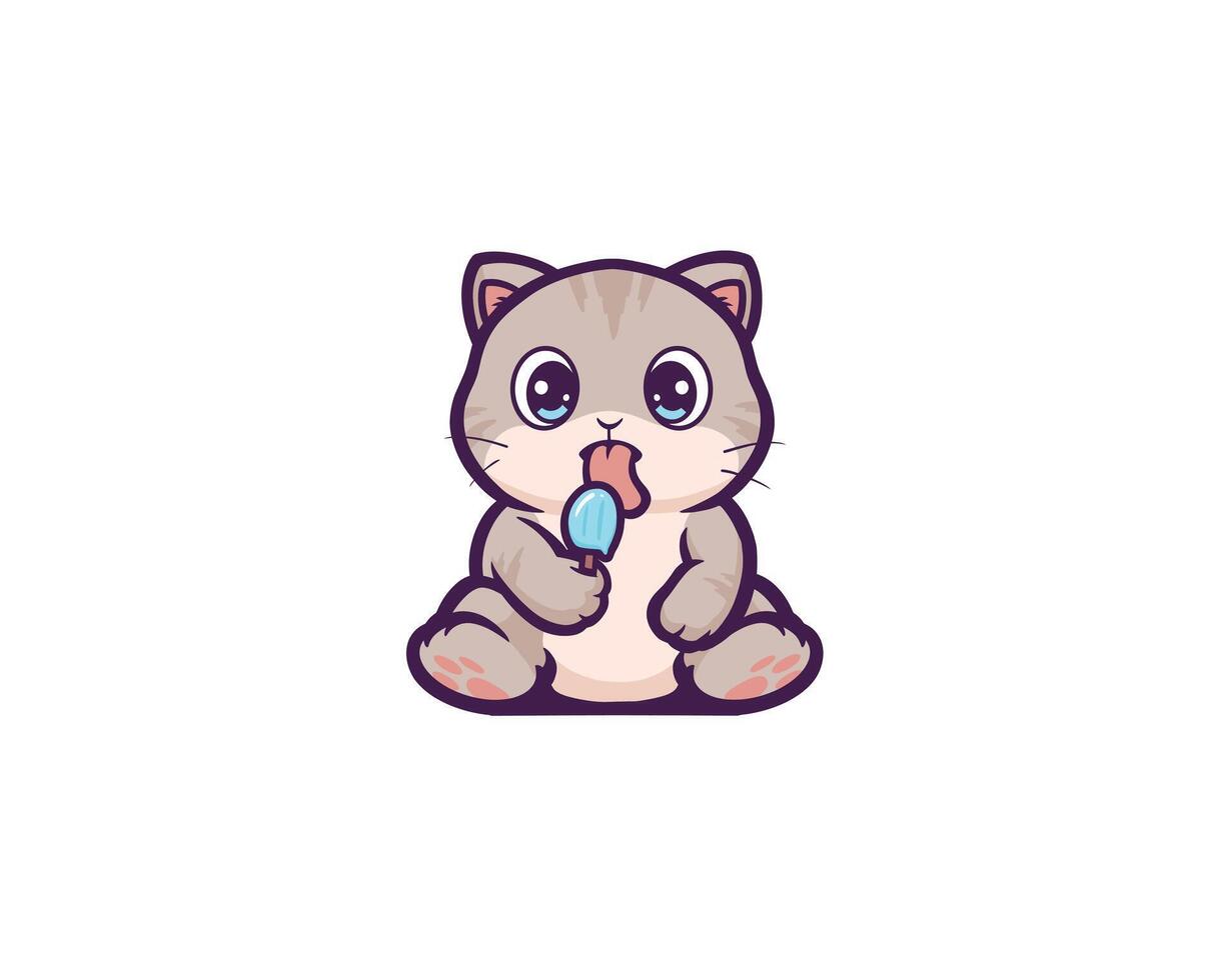 cute cat sitting licking ice cream mascot vector