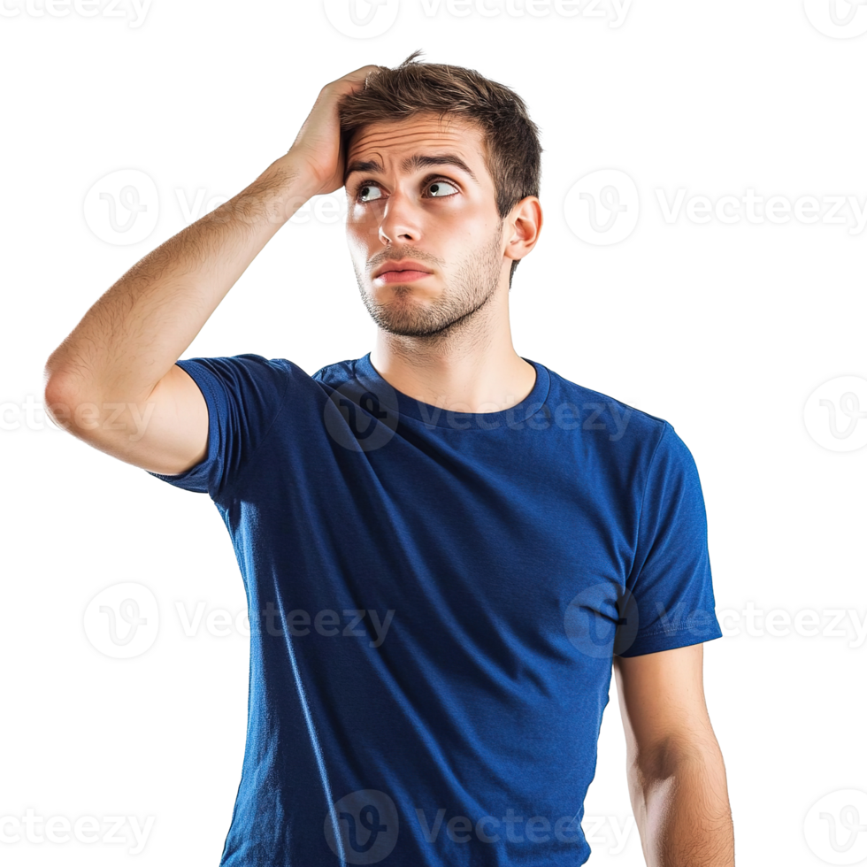 Pensive Young Man Scratching Head, Deep in Thought, Trying to Find Solution Isolated on Transparent Background png
