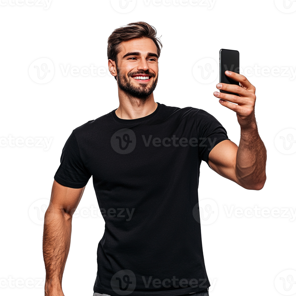Young Handsome Man in Holding Phone and Taking Selfie Photo Isolated at Transparent Background png