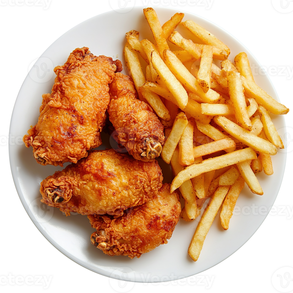 Crispy Chicken Strips with French Fries on White Plate Isolated on the Transparent Background png