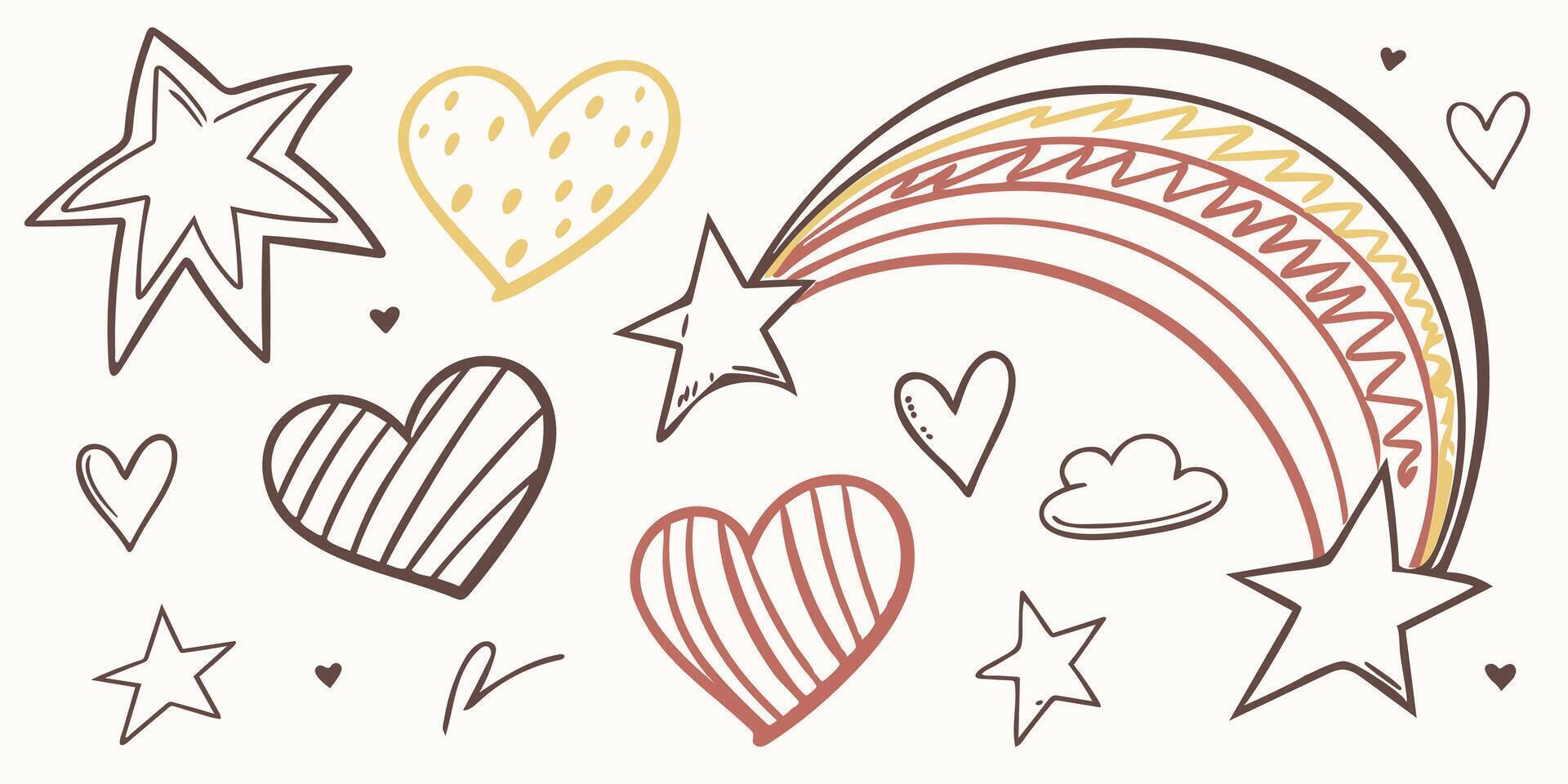 Colorful doodles of smiling suns, rainbow hearts, and hand-drawn stars create a joyful space for little artists to dream and create vector