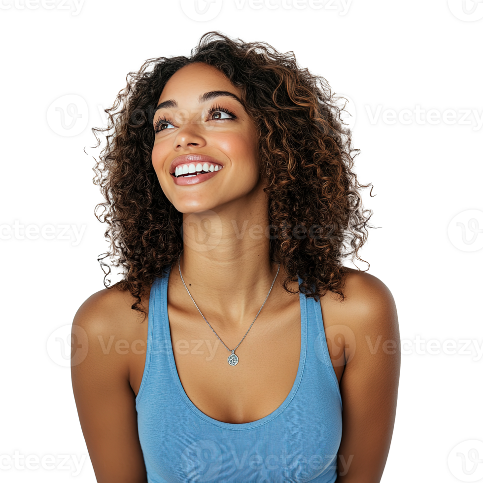 Happy African American Woman Smiling and Looking Up with Afro Hair Isolated on Transparent Background png
