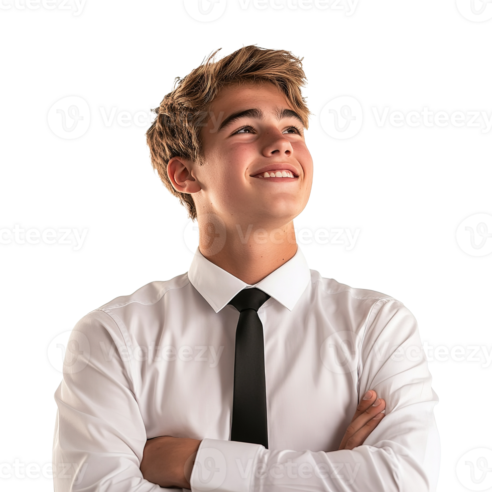 Smiling High School Boy Wearing a Tie and Looking Up Isolated at Transparent Background png