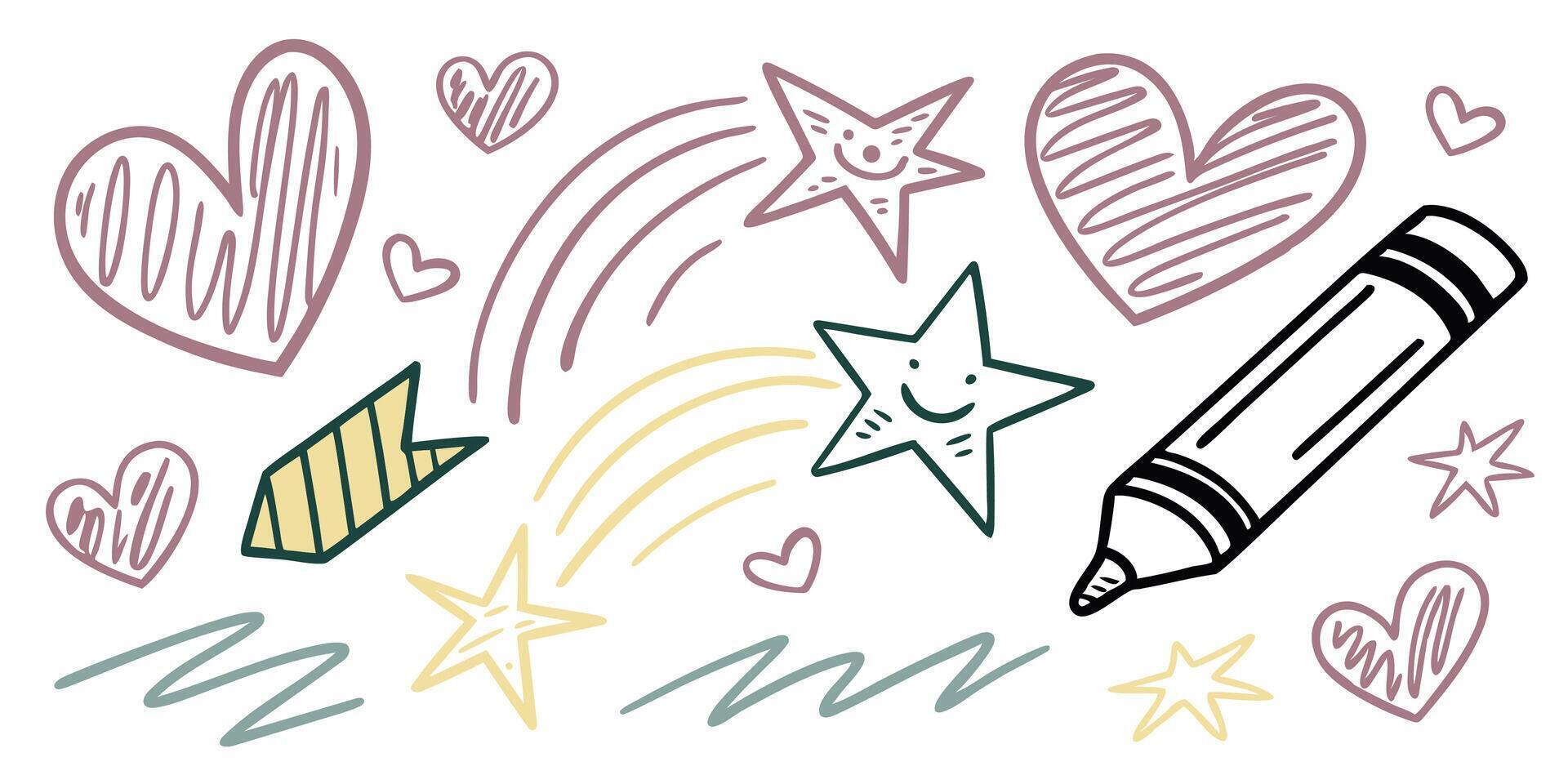 Cheerful sketches of stars, bouncing hearts, and quirky crayons fill the scene with bright energy and artistic inspiration for kids vector