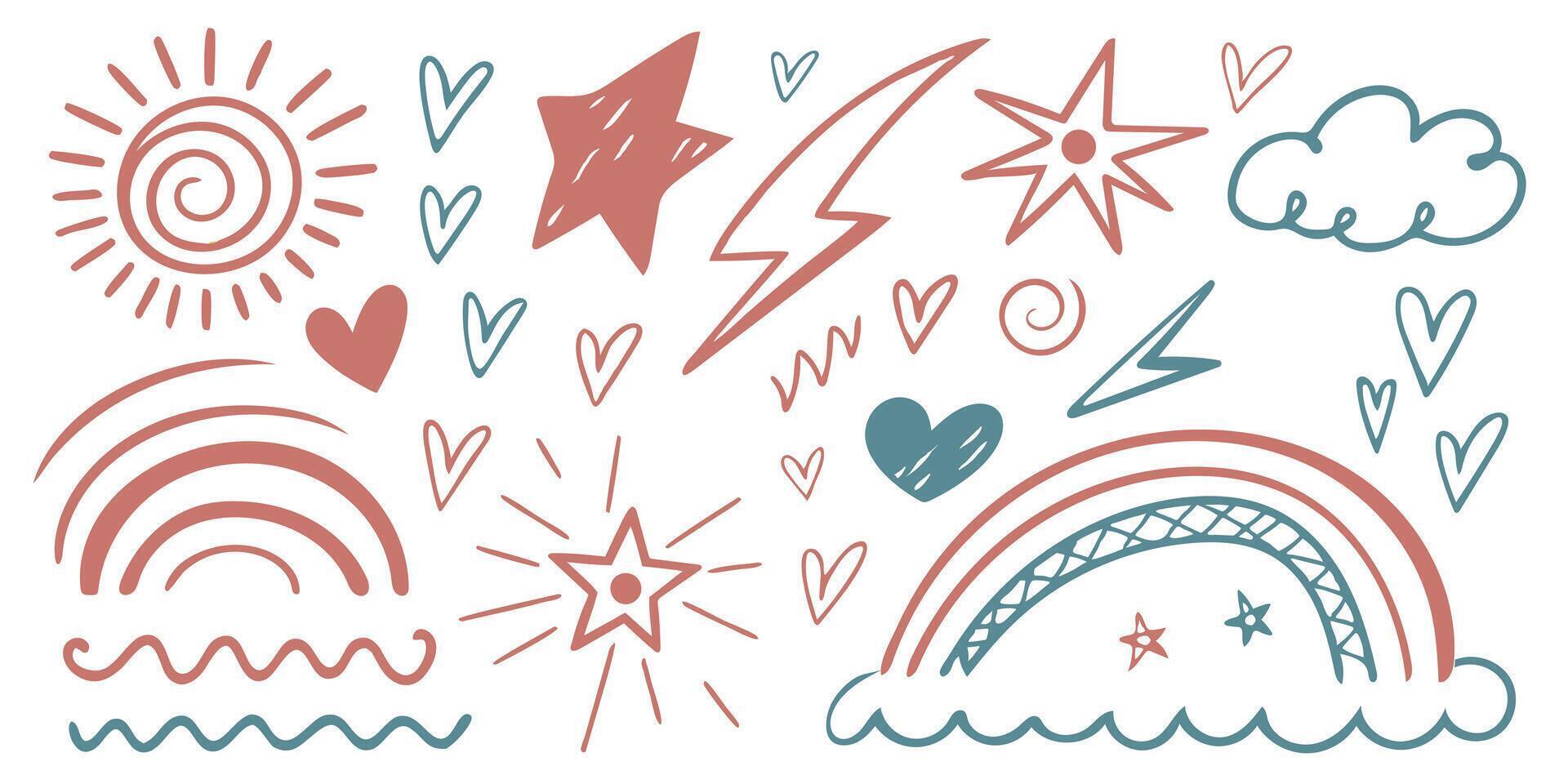 Childlike Sunburst and Lightning Doodle Set vector